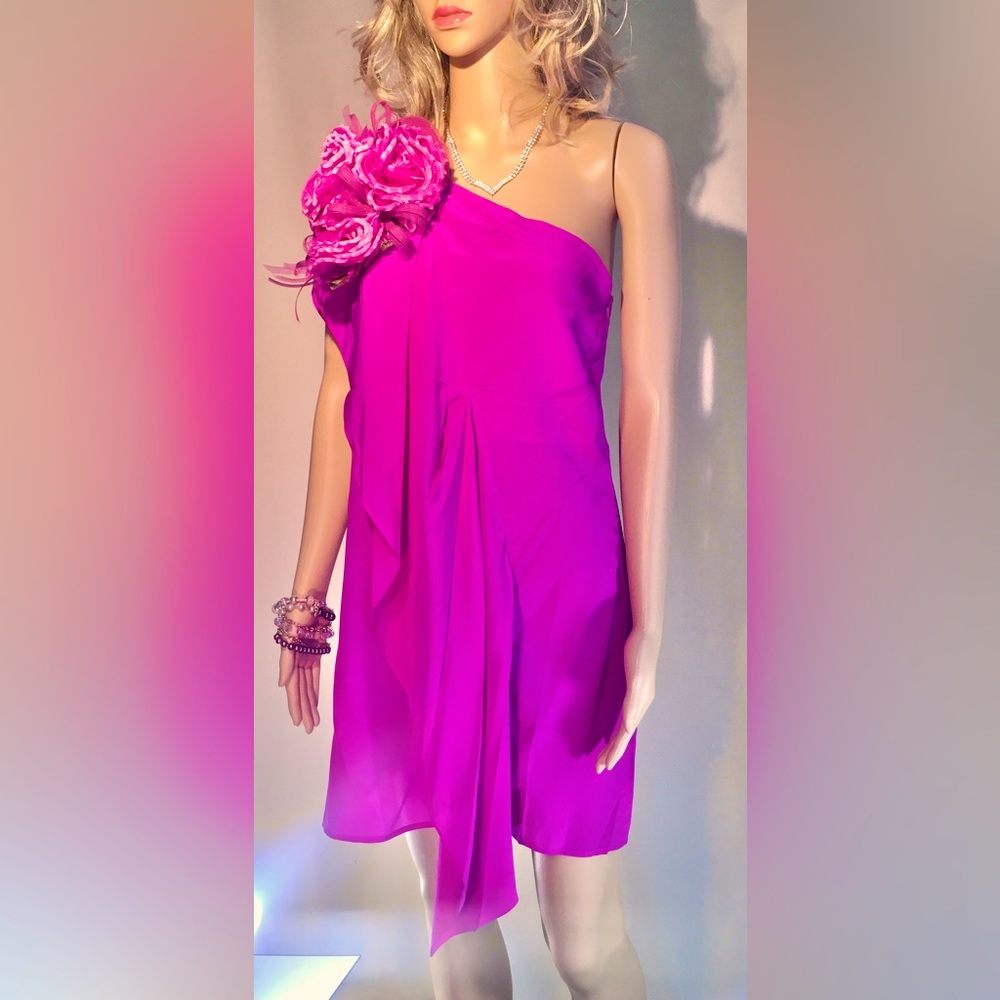 GREYLIN Pink One shoulder Silk Mini dress Draped Feminine Quiet Luxury Elegant